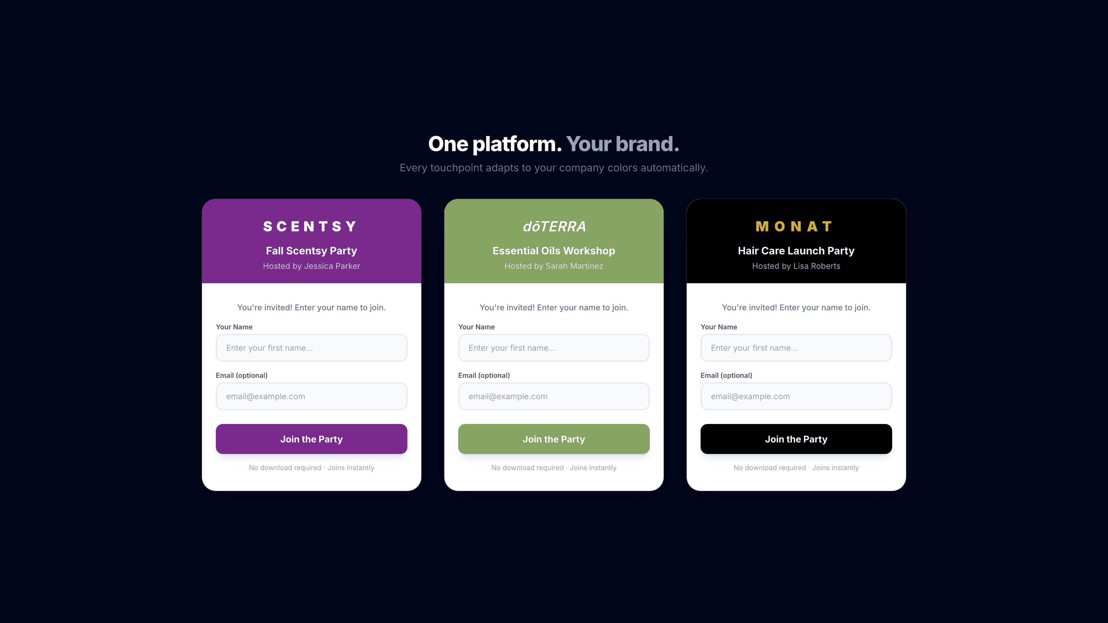 Three brand-themed join pages side-by-side — Scentsy purple, doTERRA olive, Monat black and gold