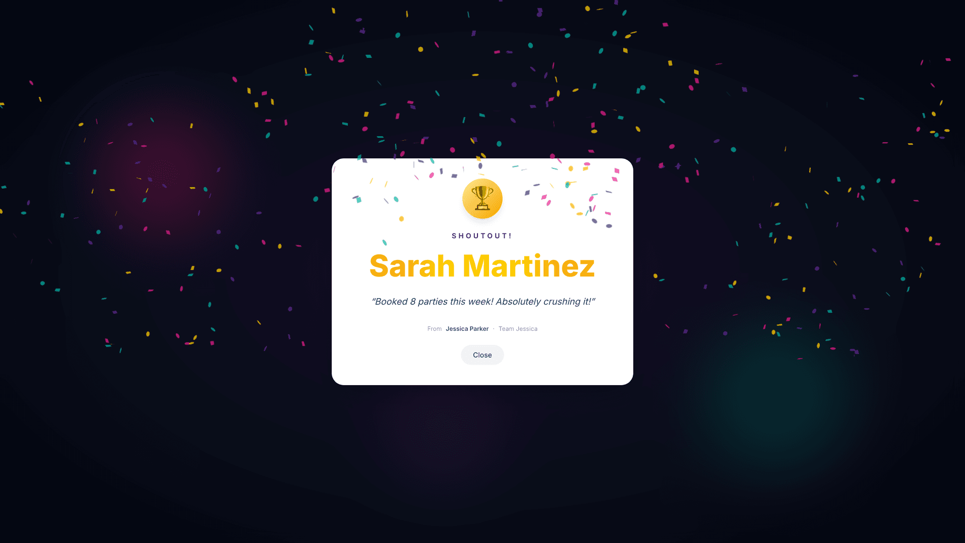 Full-screen confetti recognition moment with gold name